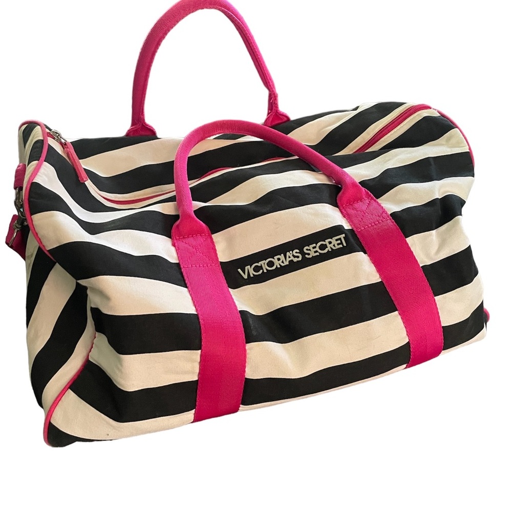 VICTORIAS SECRETS BLACK AND WHITE STRIPED BAG WITH PINK ACCENTS